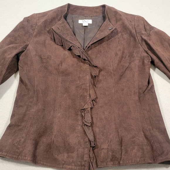Vintage 90s VS2 Goat Suede Brown Ruffle Front Jacket Women's Size Small - Picture 1 of 9